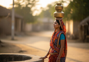 Rural Indian woman carrying water pots home