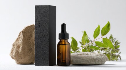 Naklejka premium Luxury Amber Serum Bottle with Stones and Leaves