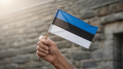 Celebrating Estonian Pride - Hand Holding the National Flag in Sunlight Against a Historic Stone Wall.