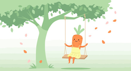 Fototapeta premium Joyful Carrot Character Enjoying a Playful Afternoon Swinging Under a Lush Green Tree