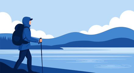 Obraz premium Hiker Enjoys Serene Waterside Scenery During Outdoor Adventure in Shades of Blue