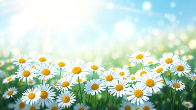 Field of white daisies blooming in bright sunlight with a soft blue sky