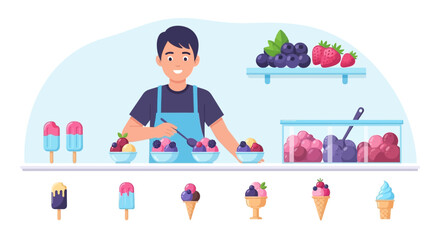 Obraz premium Ice Cream Vendor Offering Tempting Frozen Desserts, Delicious Treats And Fresh Fruits