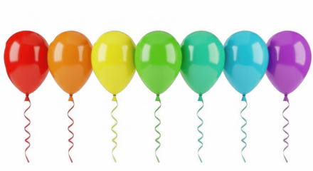 Rainbow Colored Helium Balloons in a Row Isolated on Transparent PNG Background