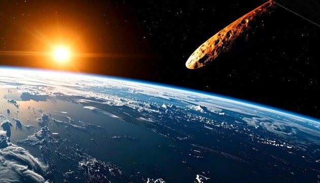 Earth, sun, and asteroid in space