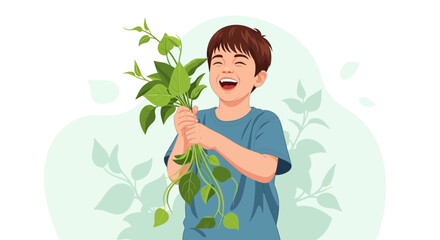 Joyful Child Laughing While Holding Vivid Green Leaves and Expressing Pure Happiness