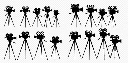 Multiple vintage movie cameras on tripods, arranged in four groups, all in black silhouette.