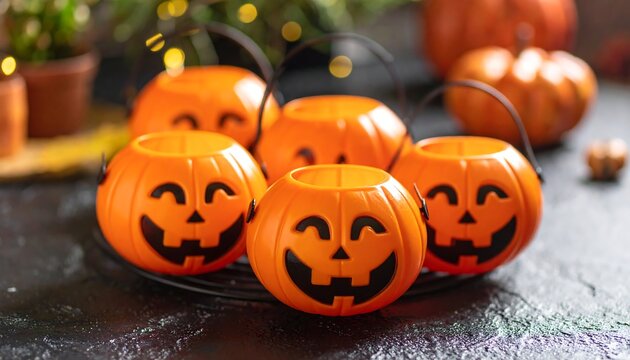 Halloween pumpkin trinkets on dark surface