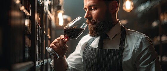 Wine tasting in a dimly lit wine cellar. A man in an apron and shirt sniffs a glass of red wine