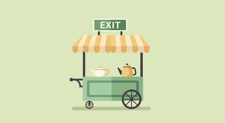 Illustrative Exit Sign Above Tea Cart Suggests a Refreshing Escape Opportunity