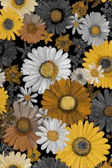 Floral pattern of vibrant flowers in yellow, grey, and brown hues against black
