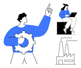 Man with a gear implying process optimization, woman working on a laptop, and a factory illustrating industrial operations. Ideal for teamwork, innovation, technology, productivity, digital