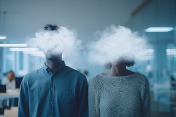Two office workers stand with smoke obscuring their faces, evoking themes of anonymity and modern workplace stress.