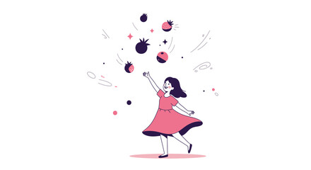 Joyful Girl Playing With Floating Berries Expresses Happiness and Fun in Cute Illustration