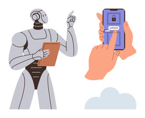 Robot holding clipboard and pointing, finger unlocking smartphone screen with cloud element. Ideal for technology, AI, cybersecurity, data privacy, innovation, automation digital concepts. Simple