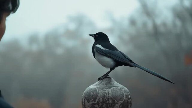 A serene moment, A young observer captivated by a magpie resting gracefully