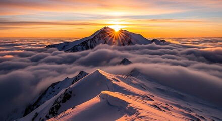 Fototapeta premium Sunrise mountain peak above the clouds landscape scenic view alpine range high altitude