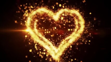 Glowing heart golden spark fiery light romantic abstract dark background passion celebration energy love symbol, glowing golden heart shape sparkles black background radiating warmth and romance
