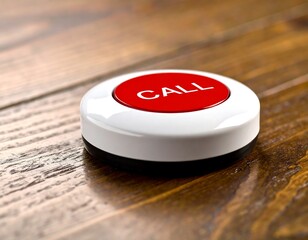 A round white button with a red "CALL" label rests on a wooden surface