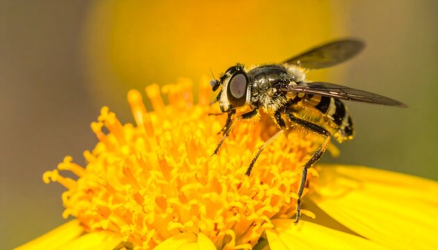 Striped hoverfly landing on a vivid yellow flower head in detailed macro view - Powered by Adobe