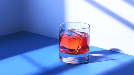 Close-up shot of a vibrant reddish-orange drink with ice.