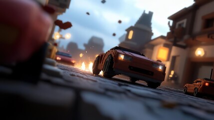 Pixelated street race with blocky cars and charming old town architecture ambiance