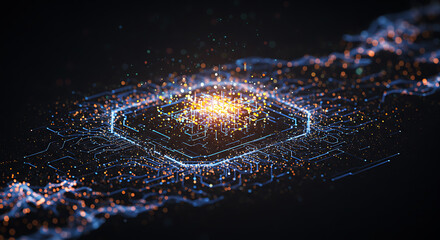 Illuminated Circuit Board: An abstract, dynamic representation of a circuit board, brought to life with illuminated particle effects, symbolizes the vibrant essence of technology.