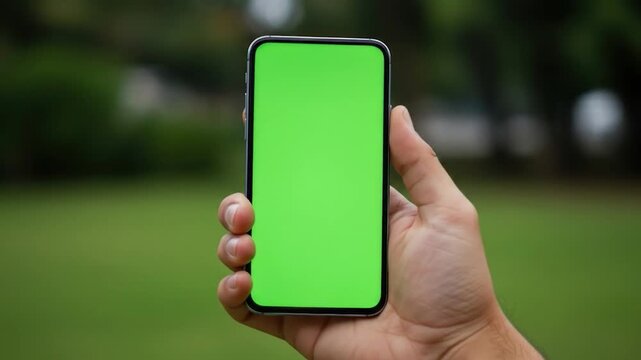 Hand holding mobile phone with green screen technology for application development