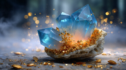 A stunning cluster of glowing blue crystals surrounded by golden dust, radiating magical light and mystic energy in a fantasy-inspired setting.