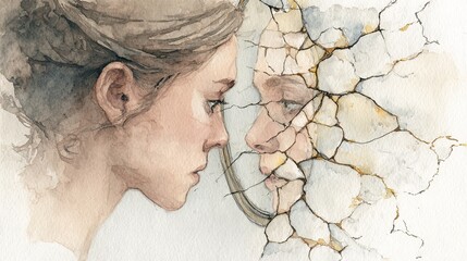 A watercolor illustration depicting a woman gazing into a cracked mirror, symbolizing reflection, identity, and emotional depth.