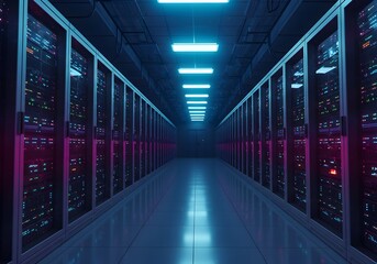 Server room corridor with rows of glowing computer racks and blue ceiling lights data center