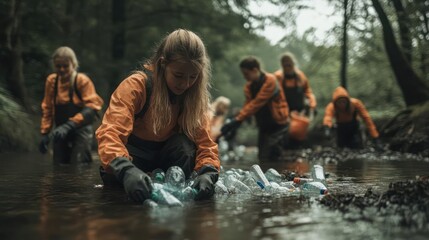 Dedicated volunteers remove plastic waste from river ecosystem promoting environmental awareness