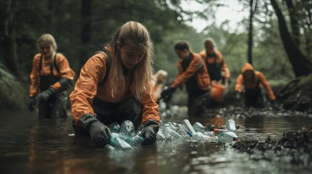 Dedicated volunteers remove plastic waste from river ecosystem promoting environmental awareness