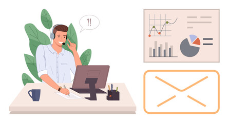 Young man in headset working at desk with computer, analyzing charts, and managing email communication. Ideal for customer service, remote work, analytics, communication, productivity, tech support