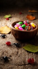 Rustic wooden bowl filled with colorful candies, surrounded by autumn leaves for playful Halloween charm.
