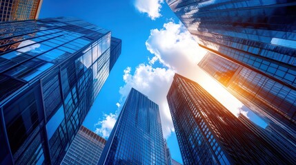 Modern skyscrapers pierce a vibrant, sun-drenched sky.