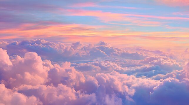 Soft pastel cloudscape at sunset, aerial view, serene and dreamlike.