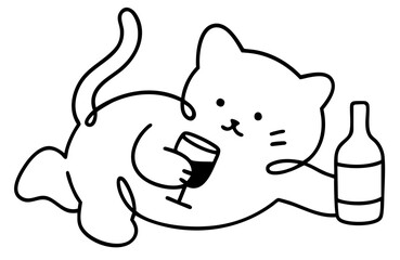 Drunk cat lying with wine glass and bottle, funny tipsy cartoon pet enjoying alcohol party