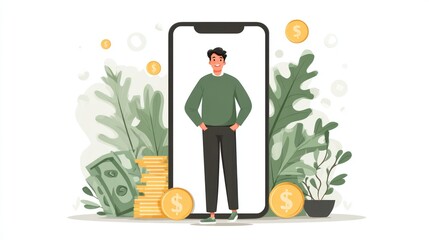 Man on phone surrounded by money and plants