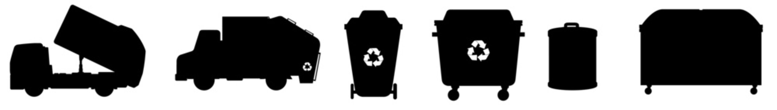 Set of garbage trucks and waste containers in silhouette, collection of sanitation vehicles and recycling bins for trash disposal, urban cleaning service, municipal waste management