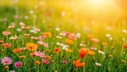Obraz premium Vibrant meadow of wildflowers bathed in golden sunlight