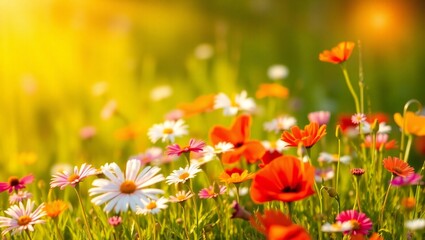 Vibrant wildflower meadow bathed in golden sunlight