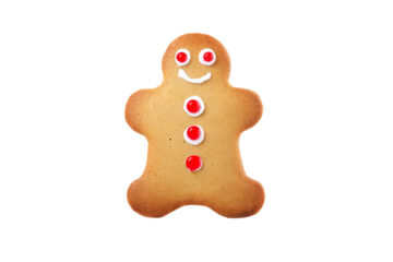 A gingerbread man with red eyes and a smile