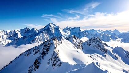 Panoramic view of snow-covered mountain range against a clear blue sky offering a sense of awe and