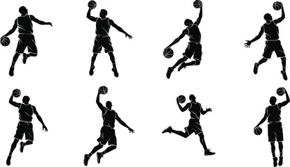 Basketball player silhouette, slam dunk poses, jump action, ball control, black vector, athlete movement, sports illustration, basketball motion, training concept