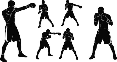 Boxer silhouettes in fighting stance, boxing gloves, training poses, combat sport, boxing workout, shadow fighters, boxing match preparation, athletic training.
