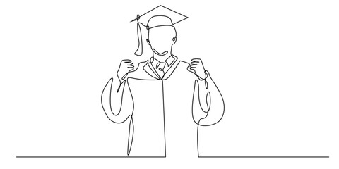 Continuous one line drawing of a graduate student wearing cap and gown with diploma. Minimalist hand-drawn vector illustration symbolizing graduation, success, and achievement