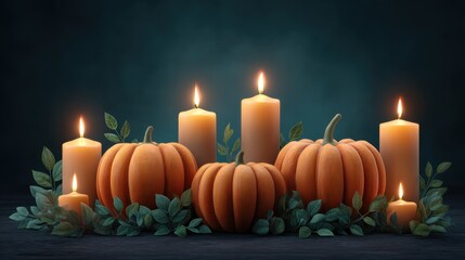 Elegant Autumn Composition with Pumpkins and Candles on Dark Background for Fall Decor