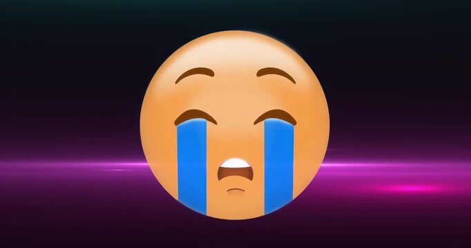 Crying emoticon appearing on dark backdrop holding blue tears and purple glow conveying sadness