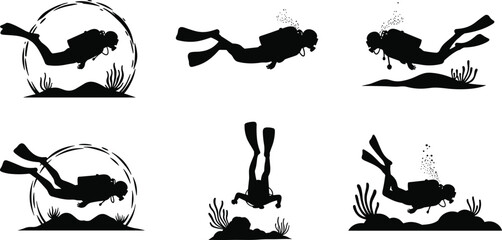 Naklejka premium Scuba diver silhouettes underwater, scuba diving activity, ocean exploration, marine adventure, diving gear, aquatic sport, sea life, underwater swimming scene.